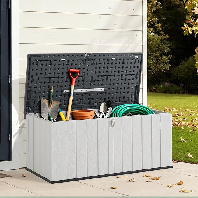 Aoxun 157 Gallon Outdoor Deck Box, Large Resin Storage Box with Lid, Waterproof & UV-Resistant Patio Storage for Cushions, Garden Tools, and Pool Accessories (White)