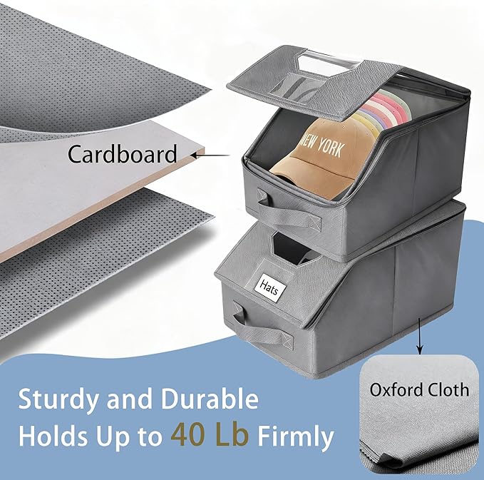 2 Pcs Stackable Baseball Cap Organizer, Washable Foldable Odorless Oxford Cloth with Smooth Durable Metal Zipper, Clear Window Holds 24 Caps, Hat Box for Closet/Home (Grey, Large 15.8×8.7×6.7 inches)