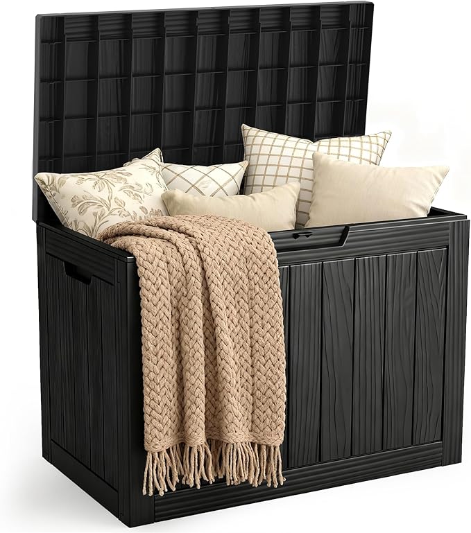 Outdoor Storage Deck Box, 50 Gallon Outside Storage Box Waterproof Deck Box, Lockable Patio Storage Box UV-Resistant for Garden Furniture, Black