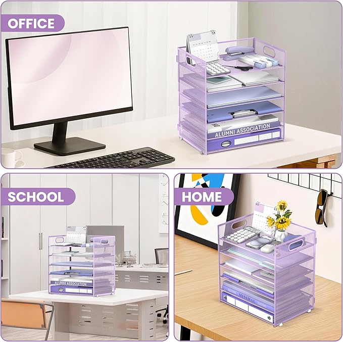 Daltack 6 Tier Paper Organizer for Desk, Paper Letter Tray Organizer for Desks, Mesh Desk File Organizers with Handle for Office, Home, School, Purple, 2 Pack