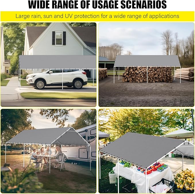 DWALE 10 x 20 Ft Carport,Replacement Canopy Cover Garage Top Tent Shelter Tarp,Grey with 48 Ball Bungee Cords Waterproof & UV Protected (Only Tarp Cover, Frame Not Include)