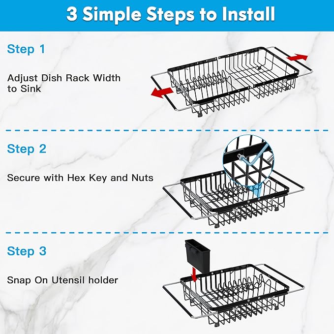 JASIWAY in Sink Dish Drying Rack, Expandable Stainless Steel Dish Drainers for Kitchen Sink, Over Sink Dish Drying Rack with Utensil Holder, 13.4''~16.9''D x 11.8''W, Black