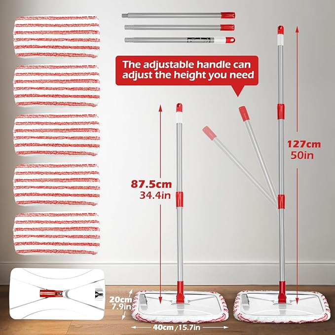 Masthome Extra Large Microfiber Mop for Floor Cleaning, 16“ Flat Mop with 5 Pad for Wet & Dry Use, Dust Mop for Hardwood Laminate Tile Ceramic, 1 Cleaning Scraper Included-Red