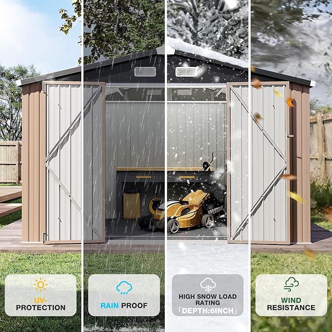 Aoxun Outdoor Storage Shed with Floor - 10x8 FT Metal Shed with Lockable Doors & Air Vents, Waterproof Outside Storage Shed for Tool, Garbage Can, Bike, Mower, for Backyard Garden Patio, Brown