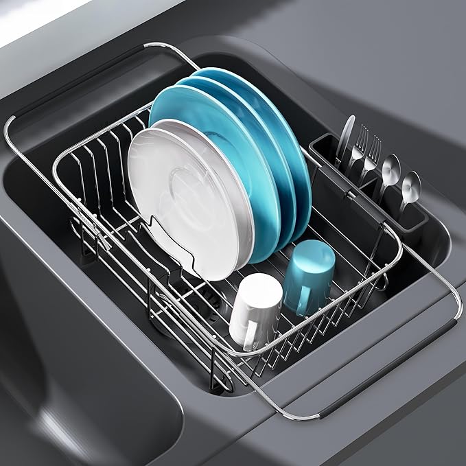 Apartment RV Small Dish Drainer Drying Rack Over The Sink In Stainless Steel for Narrow Kitchen, Counter Space Saving Compact Expandable Metal Plate Dryer Strainer, Modern Above Wire Drain Holder