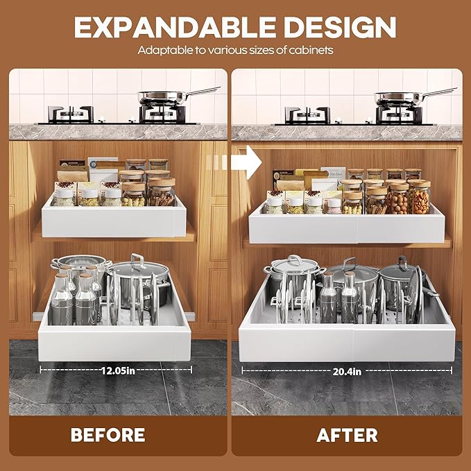 6Pack Expandable Pull Out Cabinet Organizer 21"Deep With Raising Pad for Framed Cabinets,Slide Out Drawers with 4pcs Divider Racks,Roll Out Shelves Adhesive,Adjustable Width 12.05"-20.4"White