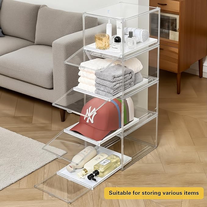 Hat Organizer Cap Box, Stackable Clear Baseball Caps Holder Containers with Magnetic Door for Hats Snapback Cap Storage, Pull Out Drawer Hat Rack Display Case (1pack)