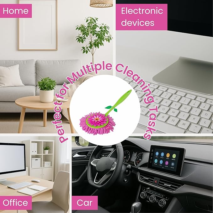 Vigar Flower Power Microfiber Duster with Comfortable Non-Slip Handle, Detachable Washable Duster Head, Green and Pink