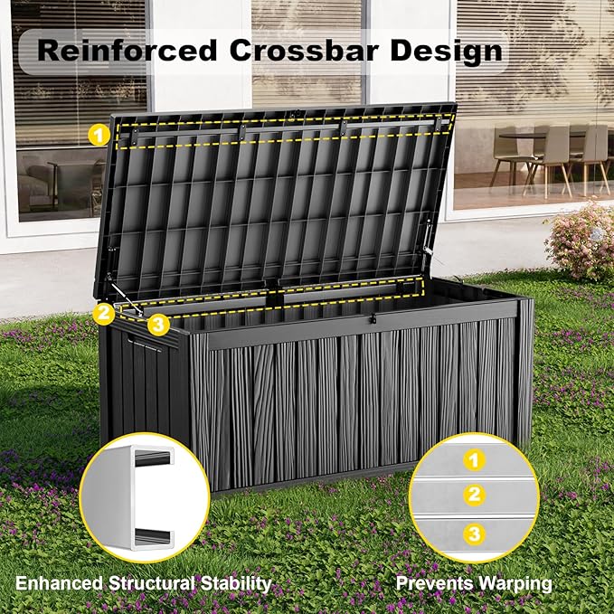 150 Gallon Waterproof Outdoor Storage Box, UV Resistant Resin Deck Box with Hydraulic Rod for Reinforced Stability, Perfect for Patio, Garden, and Pool, Striped Black