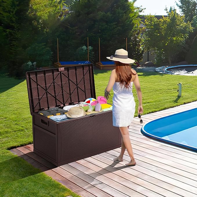 ZYJOYY 100 Gallon Waterproof Large Resin Deck Box, Indoor Outdoor Storage Box Lockabe, Outdoor Organization & Storage Deck Box with Lid for Patio Cushions, Garden Tools, UV Resistant