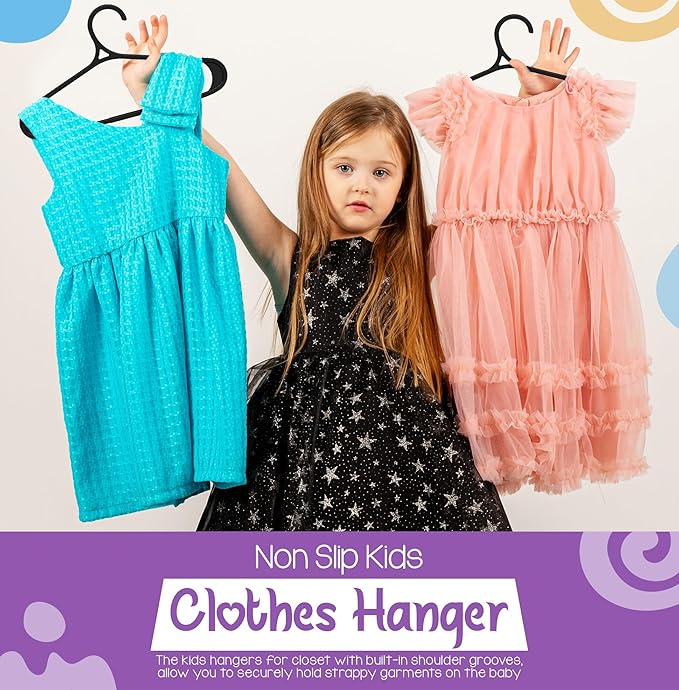 Utopia Home Kids Hangers 20 Pack - 11 Inch Plastic Baby Hangers for Closet - Childrens Hanger for Clothes & Infant Hanger for Closet - Non-Slip Shoulder Grooves, Strap Hooks & Pants Bar (Black)