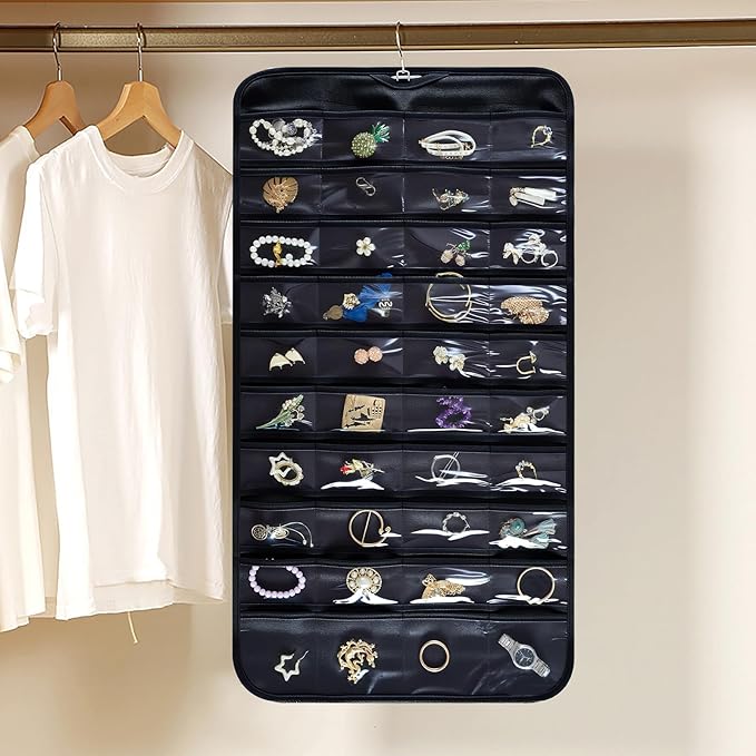 Hanging Jewelry Organizer Storage Roll with Hanger Metal Hooks Double-Sided Jewelry Holder for Necklaces, Earrings, Rings on Door, Wall, Closet, 48 Pocket Organizer,Black