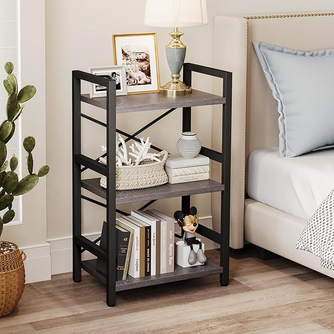 Homeiju Bookshelf, 3 Tier Industrial Bookcase, Metal Small Bookcase, Rustic Etagere Book Shelf Storage Organizer for Living Room, Bedroom, and Home Office(Grey) Patent Pending D29873033