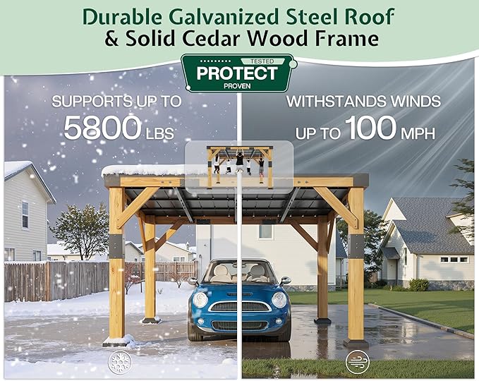 Jocisland 10x12x8 FT Cedar Wood Carport, Heavy Duty Canopy Carport with Sloped Galvanized Steel Roof for All Weather, Permanent Shelter for Tractor, Motorcycle, Bike & Garden Tools