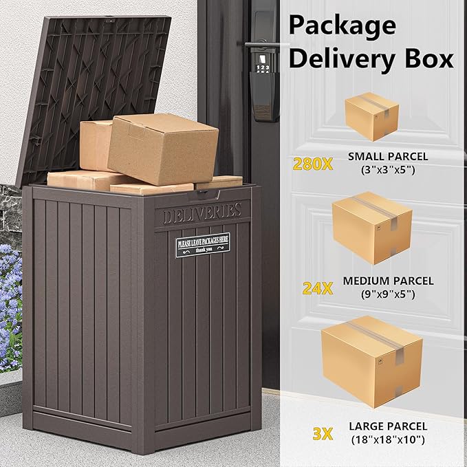 Package Delivery Box for Outside with Sticker, 48 Gallon Storage with Lockable Secure, Large Double Wall Resin Outdoor Package Delivery Waterproof Deck