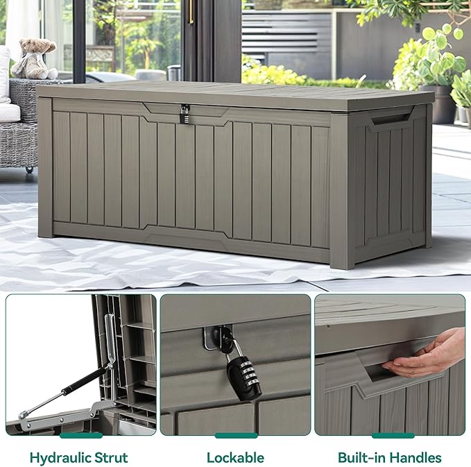 YITAHOME Outdoor Storage Box, 120 Gallon Waterproof Deck Box for Garden Tools, Patio Cushions, and Pool Accessories, Lockable, Easy Assembly, Versatile Bench or Table (Light Brown)