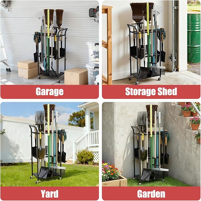 Garden Tool Organizer with Wheels, Heavy Duty Rolling Yard Tool Rack with 14 Hooks & 5 Slots, 3-Tier Metal Cart Holds 50+ Rakes/Shovels/Brooms, Mobile Lawn Storage for Garage Shed Outdoor
