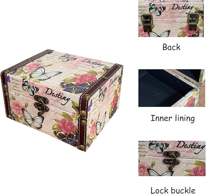 MIAO JIN Butterfly Jewelry Box Pink Storage Decorative Box for Jewelry Trinkets Photos Wood Treasure Chest Box for Women Girls Gifts Decorative Keepsake Box Home Decorations
