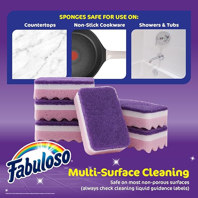 Fabuloso Sponges, Purple - Scratch-Free Scrubber for Dishes and Surfaces - Dishwashing Sponge for Bold and Bright Cleaning Experience, 12 Count