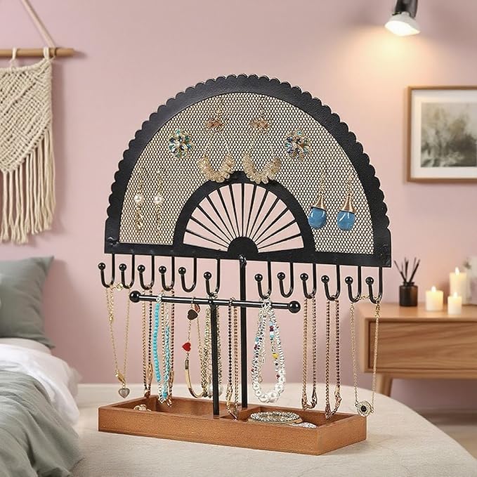 TANG SONG 11" Metal Fan-Shaped Jewelry Display Stand – Earring & Necklace Organizer Holder for Bracelets, Chains for Home Display