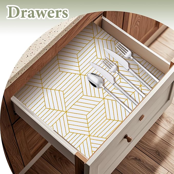 Shelf Liners for Kitchen Cabinets 17in x 40FT, Non Adhesive Cabinet Liner Strong Non-Slip Thickened Gold Geometric Drawer Liner, Easy to Clean for Shelf, Cabinet with Knife and Tape Measure