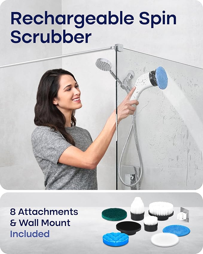 Electric Spin Scrubber for Cleaning, Adjustable Shower Brush with 7 Replaceable Heads & Power LED Display, 2 Speed Waterproof Cordless Shower Scrubber for Bathtub, Kitchen, Car, White
