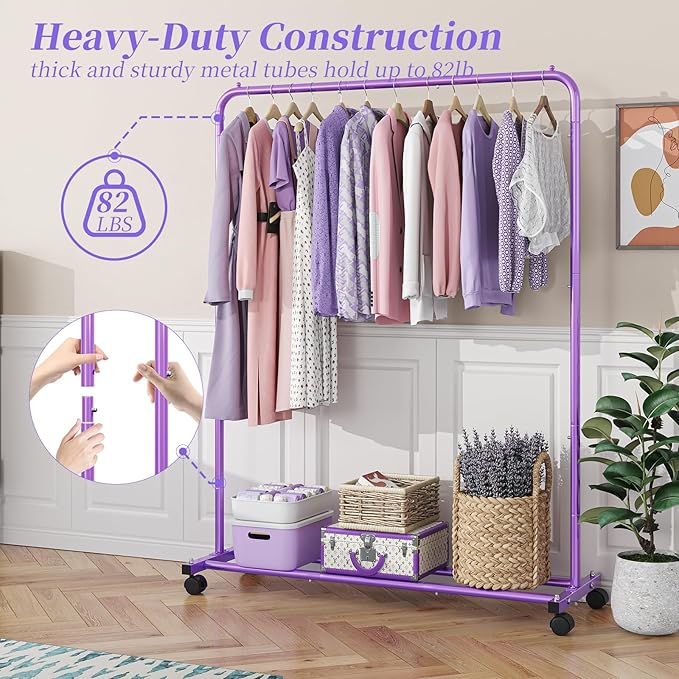 Simple Trending Standard Clothes Clothing Garment Rack with Storage Shelves, Rolling Clothes Organizer on Wheels for Hanging Clothes, Purple