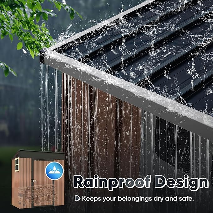 Quictent 5X3 FT Heavy Duty Outdoor Metal Storage Shed,Lockable Garden Shed with Rotating Roof, Waterproof Shed for Bike Storage, Tool Storage, Temporary Storage,Brown(5.5X2.8 FT Base, No Floor)