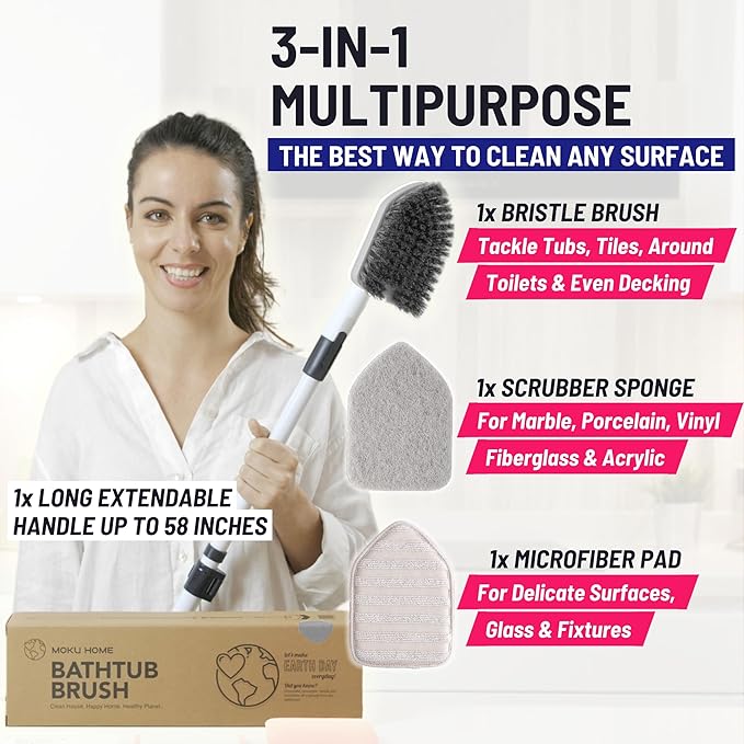 Shower Scrubber 3 in 1 Extendable Long Handle 58" Cleaning Brush - Non Scratch Shower Brush for Cleaning Bathroom Kitchen Toilet Wall Tub Tile (Gray)