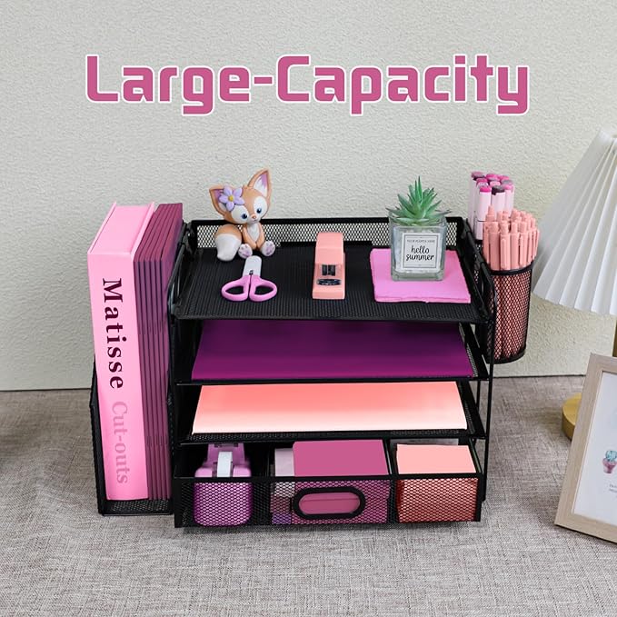 Desk Organizers and Accessories with File Holder, 4-Tier Paper Letter Tray Organiser with Drawer and 2 Pen Holder, Mesh Desktop Document Organizer for Office Supplies, Workspace - Black