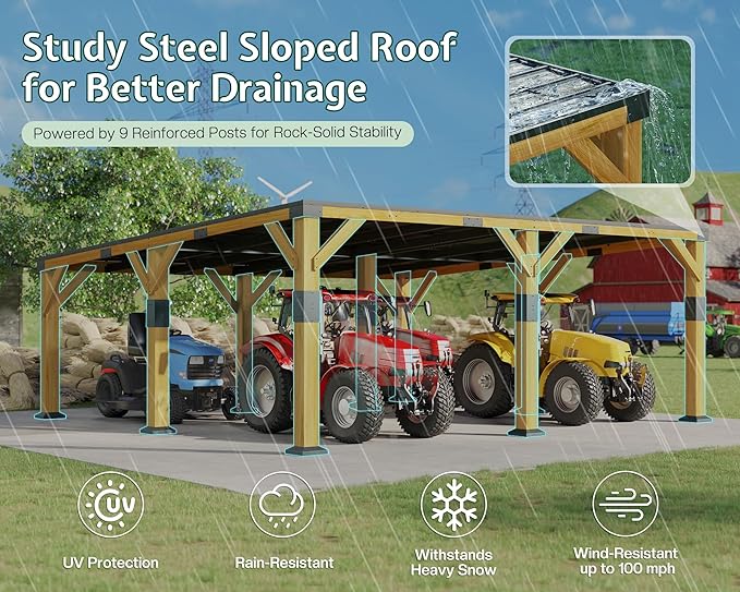 Jocisland 20x20x9.2 FT Cedar Wood Carport for 2 Cars, Heavy Duty Canopy Carport with Sloped Galvanized Steel Roof for All Weather, Permanent Shelter for Full-Sized Pickup Truck, Boat & Tractor