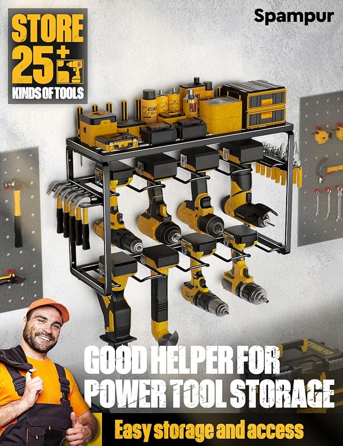 Power Tool Organizer, 8 Drill Holders Wall Mount, 3 Layer Heavy Duty Metal Storage for Garage Organization, Tools Storage with Hooks, Screwdriver Hammer Holder, Father's Day Mens Birthday Gift