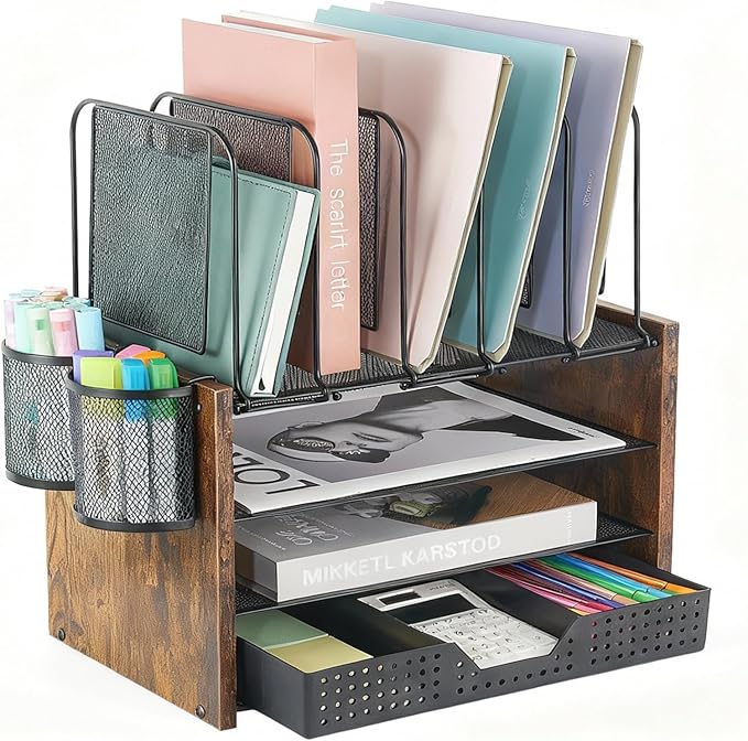 AUPSEN Desk Organizer with 5 Vertical File Holders, Storage Drawer & 2 Pen Holders, 5 Trays Paper Letter Tray Organizer, Mesh Desk Organizers and Accessories for Home Office (Black)