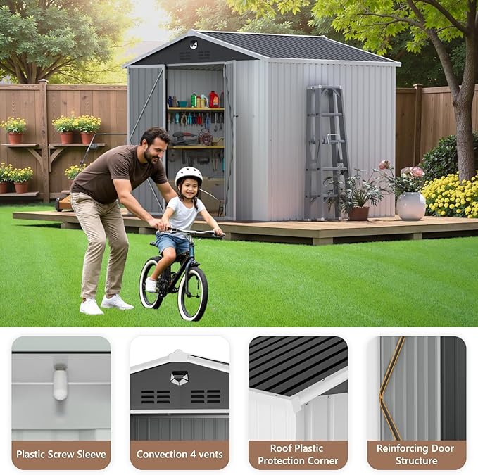 10X8 FT Outdoor Storage Shed, Metal Garden Shed - Tool Storage Sheds with Lockable Doors, Waterproof Outside Storage Building for Backyard, Patio (White; Floor Not Included)