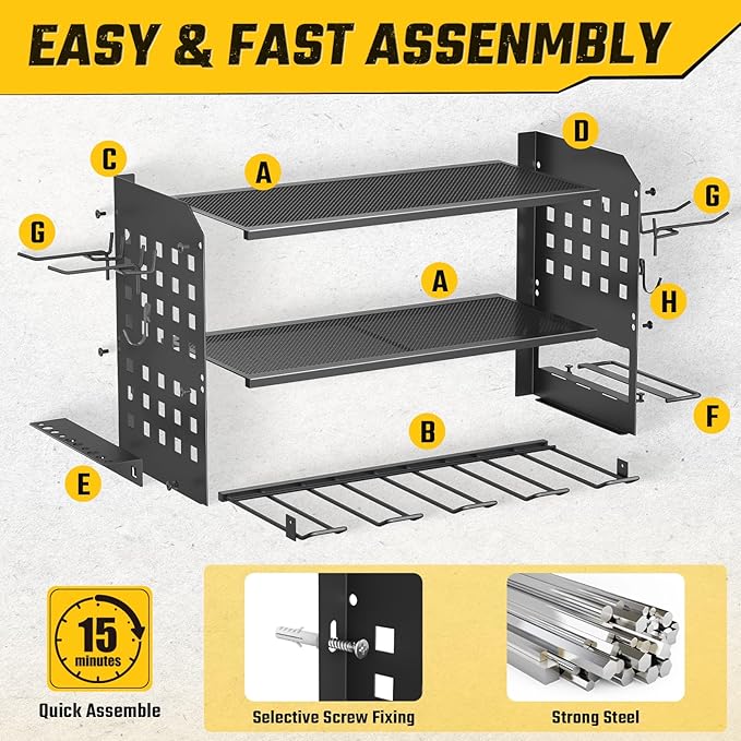 Power Tool Organizer, Heavy Duty Wall Mount Tool Organizer 3 Layers with 4 Drill Holders, Garage Tools Storage Rack with 2 Side Pegboards and Hooks for Workshop, Shed, Black