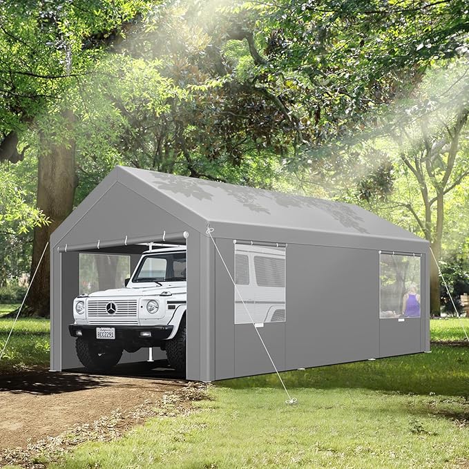COBIZI Carport 10x20FT Heavy Duty Portable Garage, 3.0 Powder Coated Frame(Better Than Galvanized), Waterproof Shelter with Removable Sidewalls & Windows, Built-in Sandbags, for Car/Boat/SUV, Gray