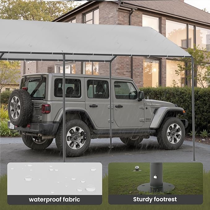 Carport, 10‘ x 20’ Heavy Duty Portable Garage All-Season Car Canopy, Outdoor Garage Boat Shelter Carport Canopy Party Tent w/Water-Resistant Tarp for Backyard (White, 10' x 20' /no Side)