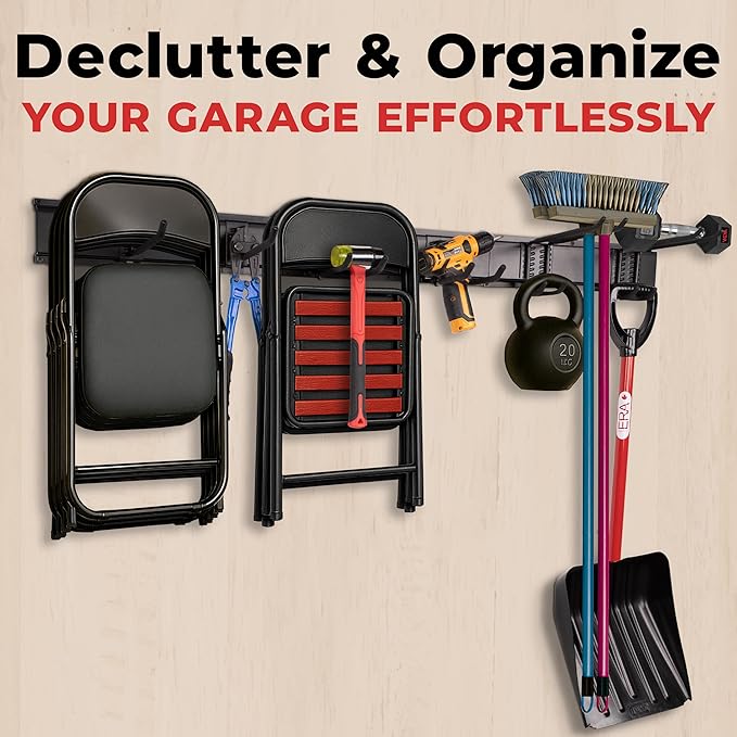 NINE FORTY Garage Tool Organizer Wall Mount - 49.5 Inches, 16" Stud Spacing, 440 LBS. Sturdy Rubber Coated Garden Tool Organizer and Storage Rack with Adjustable Hooks