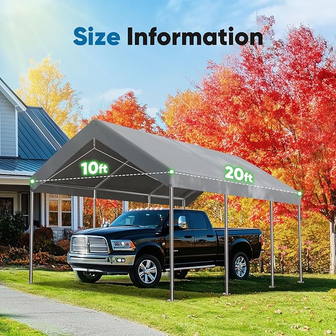 ADVANCE OUTDOOR Replacement Top Cover Tarp for 10x20 ft Carport Canopy with Ball Bungees, Sliver Gray, One Roof Only