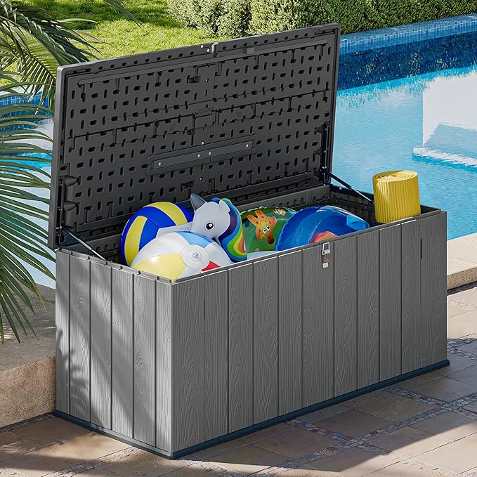 Aoxun Horizontal Storage Sheds 21 Cu.ft, HDPE Outdoor Storage Box 160 Gallon, Waterproof Lockable Resin Deck Box with Spring-Assisted Lid, Patio Storage for Garden, Pool, Cushions, Tools, Gray