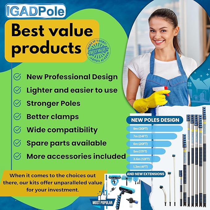 IGADPole 12 FT Water-Fed Washing Kit with Soap-Dispenser, Brush, 10″ Squeegee & Cobweb Duster for Windows, Gutters, Solar Panels & Exterior Walls