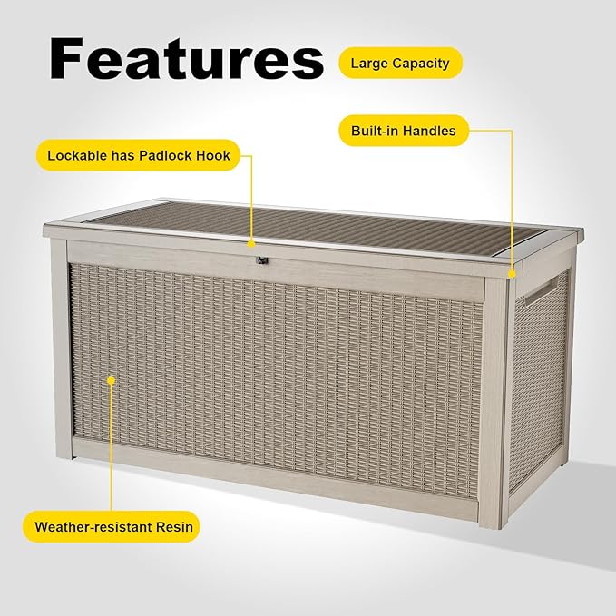 261 Gallon Outdoor Deck Box, Lockable Waterproof Outdoor Storage Boxes For Garden Tools,Indoor Cushions,Accessories Outside Storage Resin Weatherproof Container(Grey)