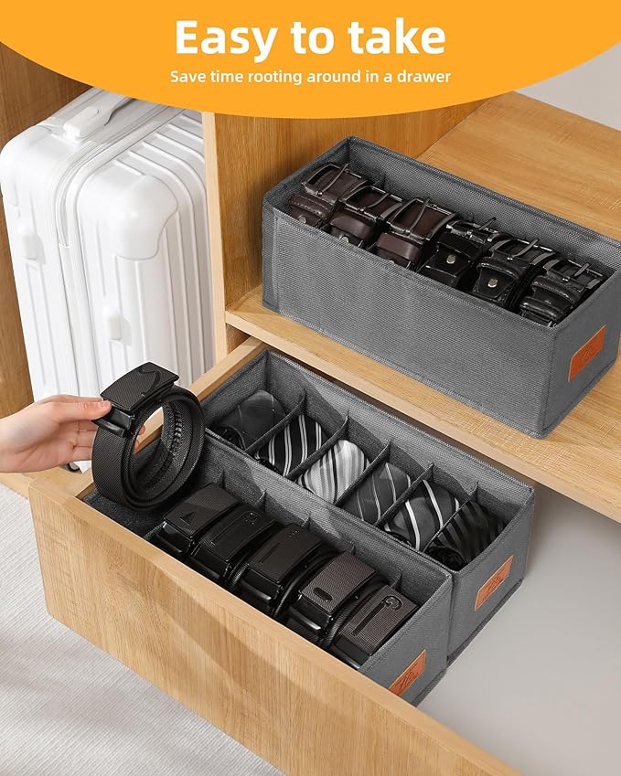 4 PCS Belt Organizer for Closet, 6 Grids Belt Holder, Washable Belt Box, Foldable Tie Organizer for Men, Belt Storage for Drawer (Grey, 13.38inch)