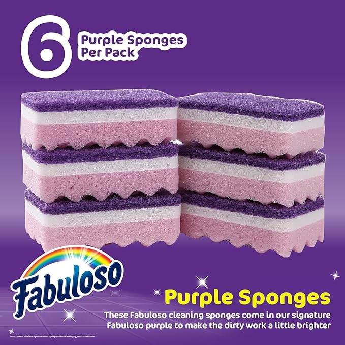 Fabuloso Sponges, Purple - Scratch-Free Scrubber for Dishes and Surfaces - Dishwashing Sponge for Bold and Bright Cleaning Experience, 6 Count - 2 Pack