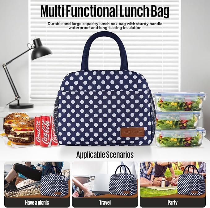Lunch Bag Women/Men Lunch Box Women/Men (Blue+White dots)