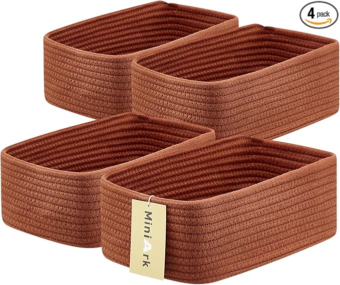 Small Storage Baskets for Organizing | Closet Organizer Bins | Shelf Toy Basket | Woven Rope Baskets | Cube Decorative Box | Shallow Basket | 11.5x7.5x4.7” | 4 Packs Oxide Red