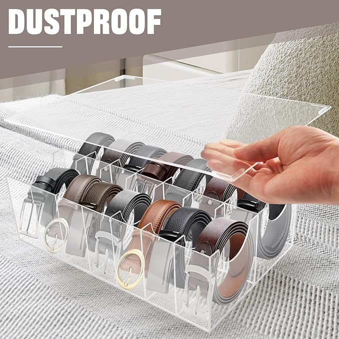 Belt Organizer with Lid, 14 Compartments Acrylic Belt Storage Holder with Dust Cover for Closet Drawer Checkroom Clear Belt Divider Display Case