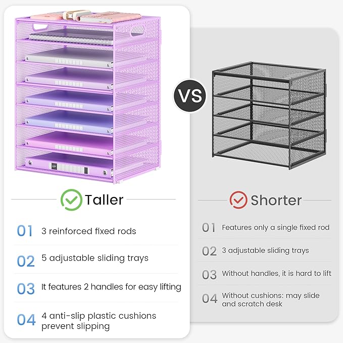 Lavatino 8-Tier Office Desk File Organizer, Letter Tray Paper Organizer with Handle, Including 5 Adjustable Slide Trays for Organizing Desktop Workspace Accessories and Supplies (Purple Metal Mesh)