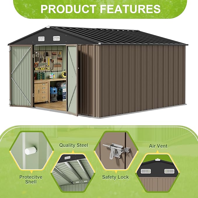 JUMMICO 10 x 8 FT Outdoor Storage Shed, Large Metal Garden Shed & Tool Sheds for Backyard Garden Patio Lawn (Brown)