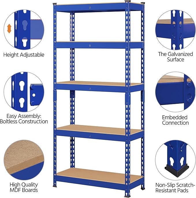 Topeakmart 5-Tier Utility Shelves, Metal Storage Shelves, Adjustable Shelving Units, Boltless Assembly, Garage Shelves Shed Shelving for Warehouse Garage Shed Basement- Blue, 27.5 x 12x 60 Inch